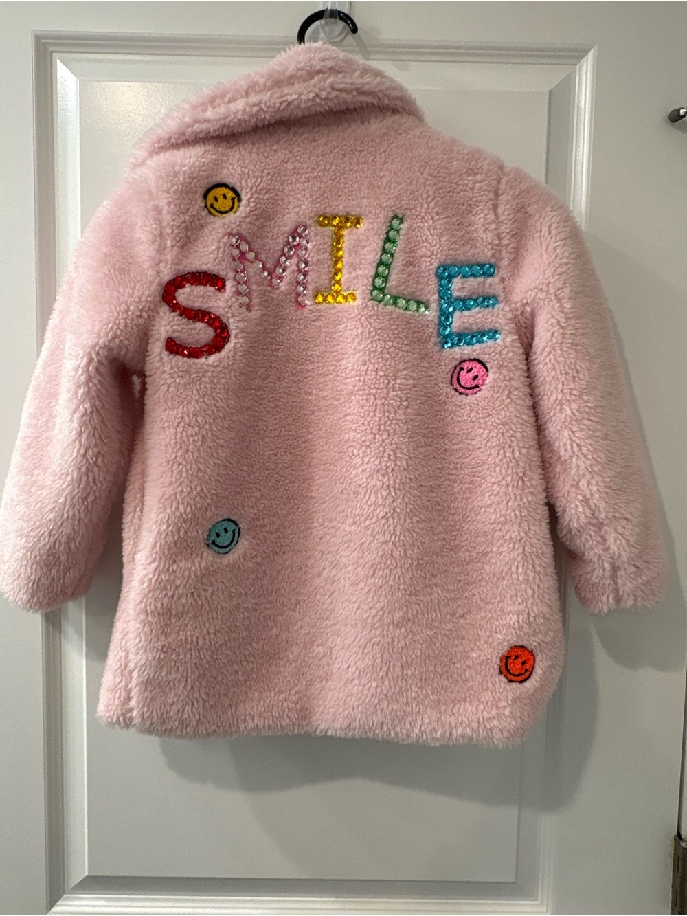 Dreamers Light Pink Faux Fur Puffer Jacket with Smiley Patches - Picture 3 of 5